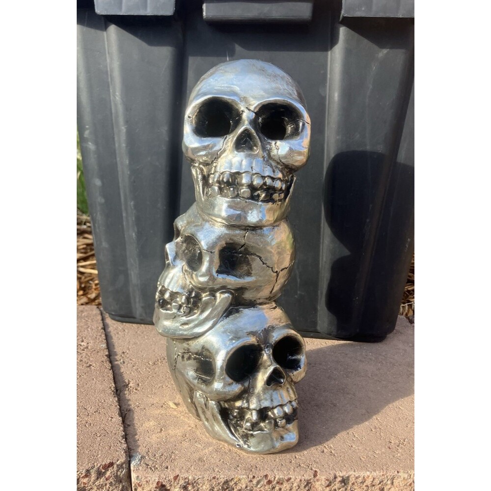 Light Up Triple Stack Skull Skeleton Halloween Decor Color Changing Eyes Resin